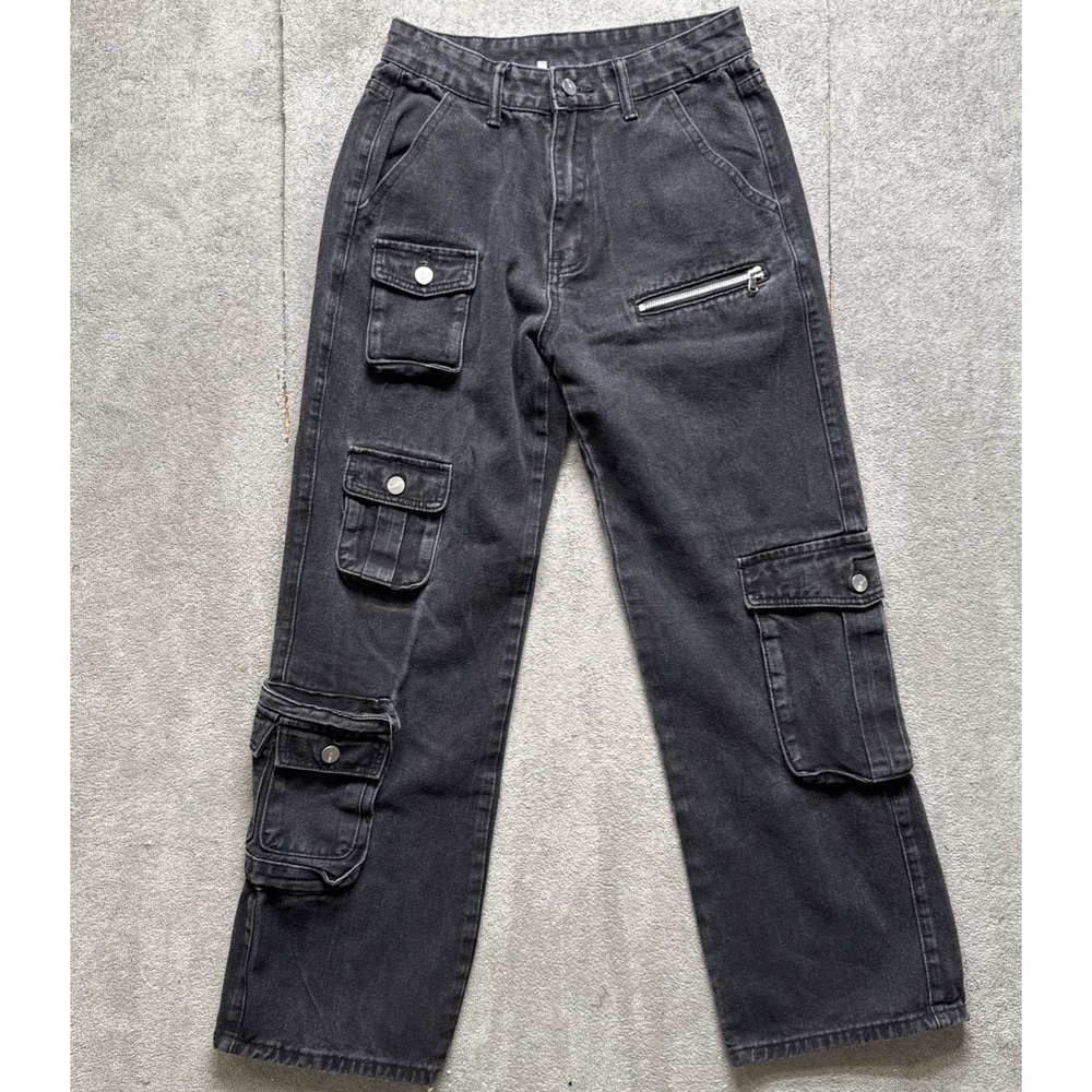 aelfric eden Multi Pocket‎ Loose Jeans womens 28 Black Washed Retro Street Fit
